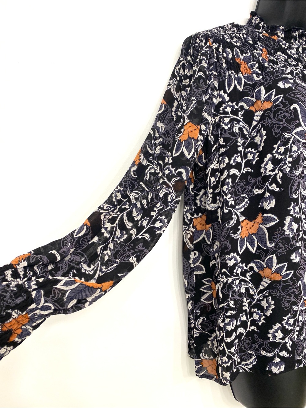 B. Copenhagen Floral Smocked Neck Sheer Blouse Black Burnt Apricot Paisley US M - Picture 4 of 14